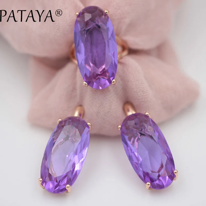 PATAYA New Fine Jewelry Set For Women Fashion Wedding 585 Rose Gold Color Oval Artificial Cubic Zircon Blue Earrings Rings Sets