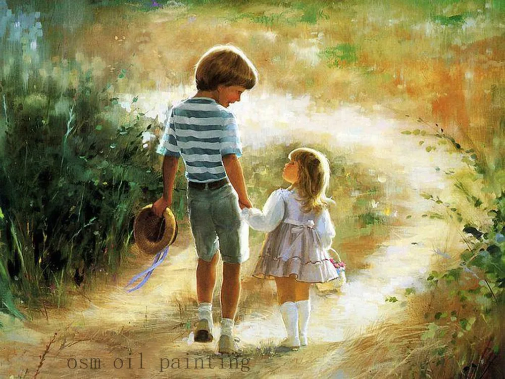 Customized Art Gifts 100% Handicraft Borther and Little Sister Walking in the Country Road Oil Painting on Canvas Landscape