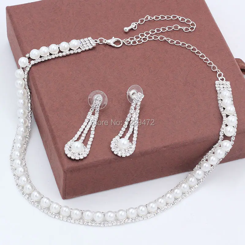 TREAZY Elegant Pearls Crystal Bridal Wedding Jewelry Sets African Jewelry Sets Choker Necklace and Earrings Set Party Gifts