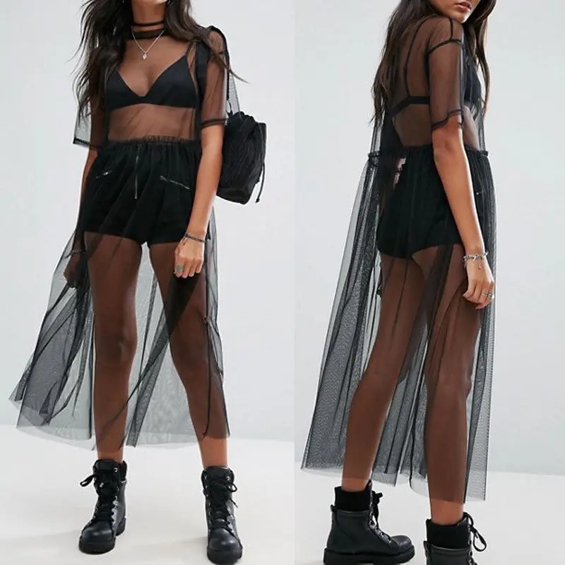 2022 Summer Volie Mesh Dresses Women See Through Black Gauze Mesh Sundress Half Sleeve Lace Sexy Outwear 1-Piece Summer