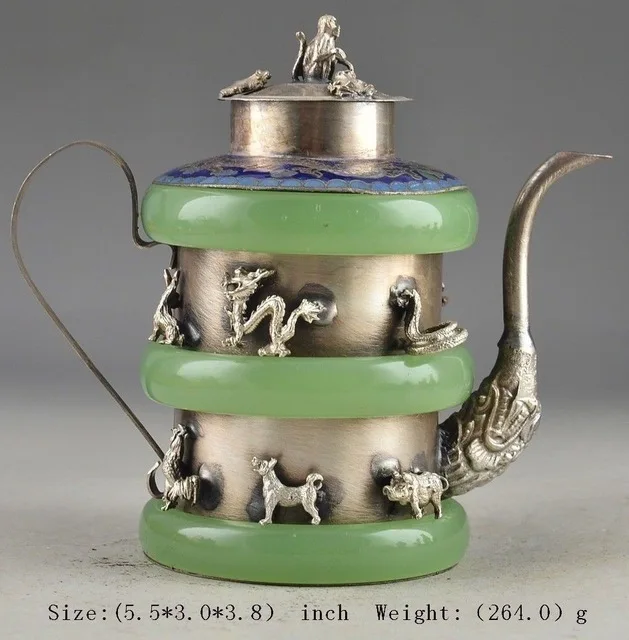 

Fine Silver Superb Jade Old Handwork Armored Zodiac Exorcist Collectable Tea Pot decoration factory outlets white Copper Silver