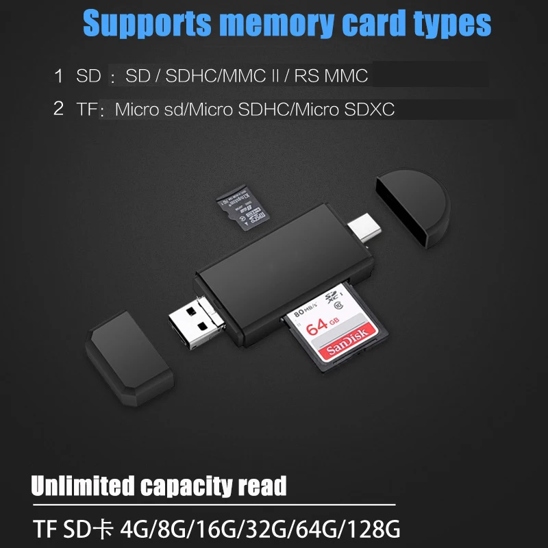 3 In 1 Type C & micro USB & USB OTG Card Reader  High-speed USB 2.0 Universal OTG TF/SD for Android Computer Extension Headers