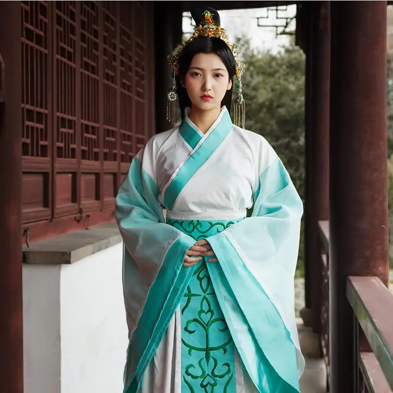 High quality Asian Film Stars Same Item Ancient Clothes China Elegent Princess Hanfu Long Tail Dress Fairy Blue White Apparel