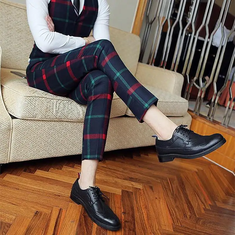 Fashion Men Trousers Red Mens Plaid Suit Trousers Men Dress Pants Slim Fit Plaid Pants Casual Suit Office Business