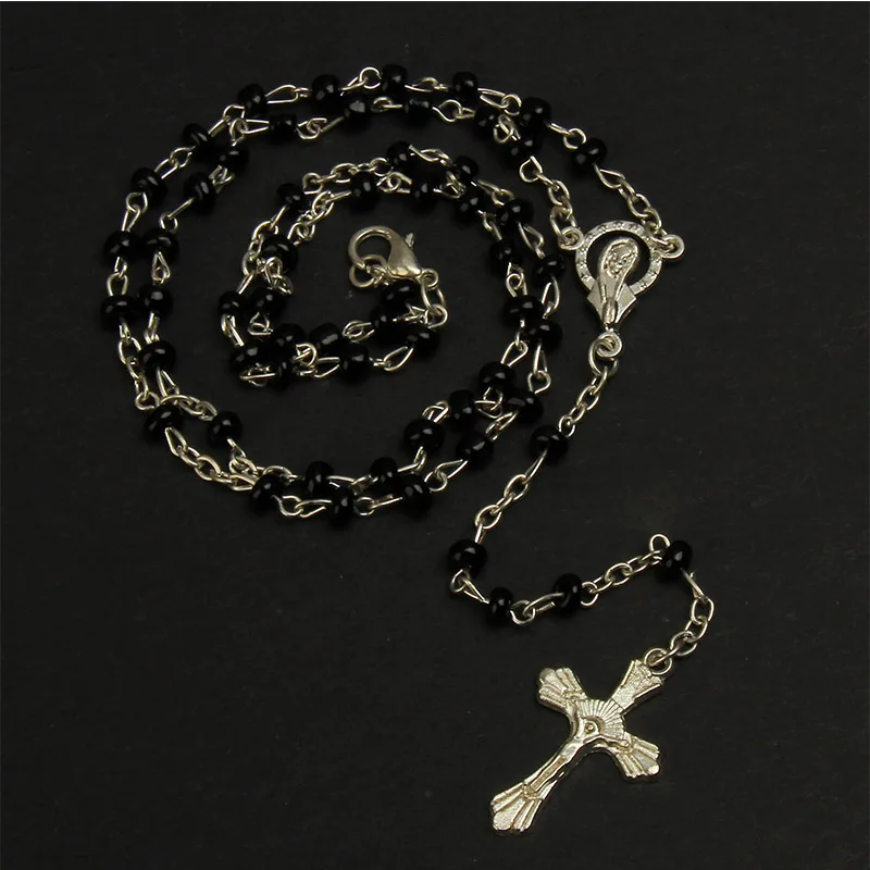 Glass Pearl Rosary Necklace Jesus Christ Cross Pendant Necklace Long Chain Men\'s and Women\'s Virgin Mary Christian Fashion Jewel