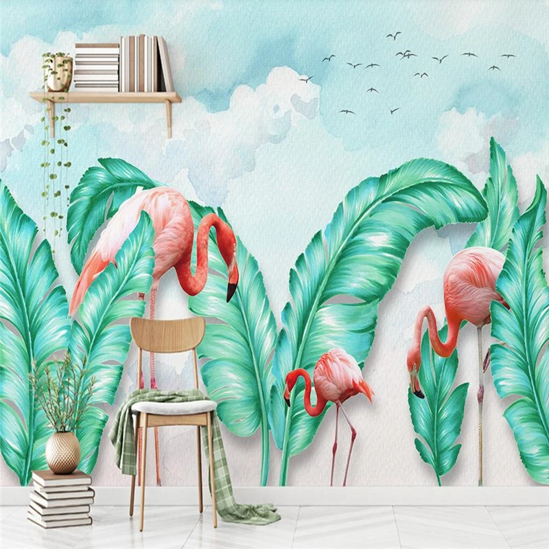 wellyu Northern Europe simple hand-painted tropical leaves flamingo TV background wall custom large mural wallpaper