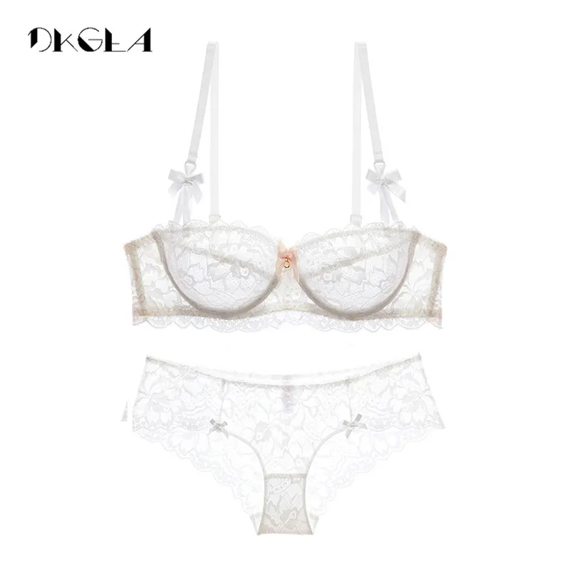 Hot Sexy Bra Set Plus Size 36 38 40 Ultrathin Underwear Women Set White Lace Bra Embroidery Transparent Lingerie Brand Brassiere