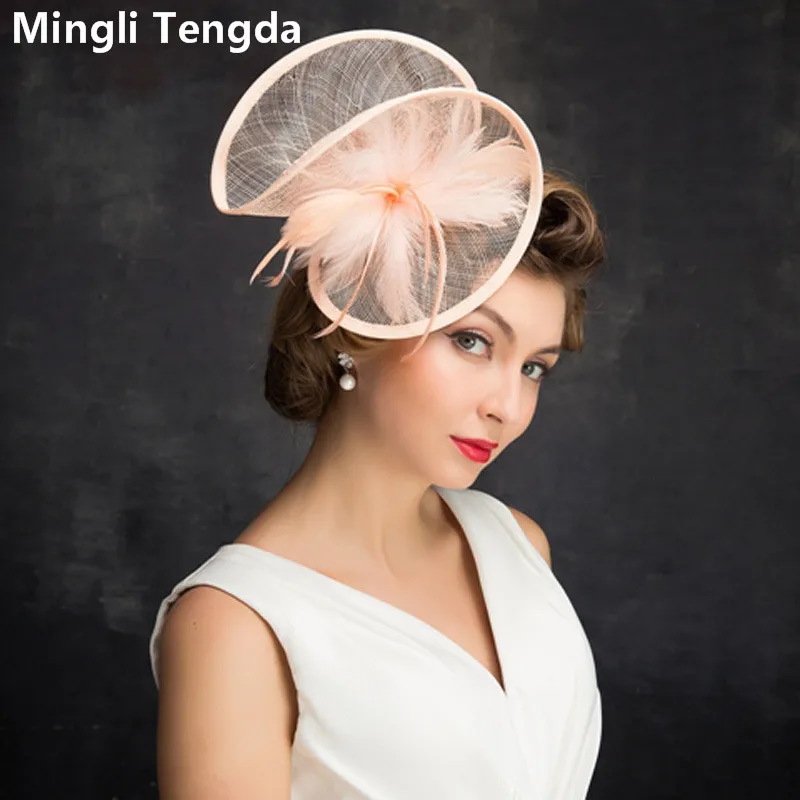 Mingli Tengda-Sombrero de boda con plumas de cáñamo para mujer, sombrero de novia de Color sólido, tocado de malla, banquete de boda, sombreros de Color rosa carne