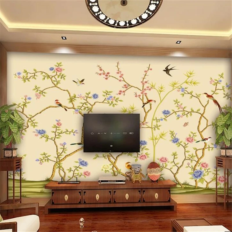 Custom wallpaper 3d mural new Chinese classic Chinese style pen flower bird hand-painted mural living room bedroom 3d wallpaper