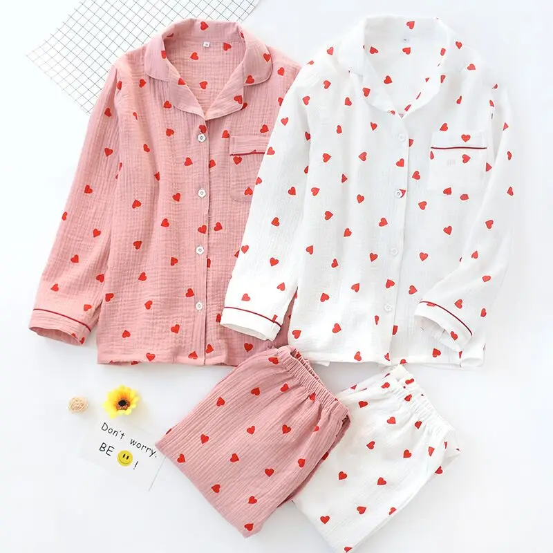 Cotton Crepe Heart Print Women Pajamas Thin Sleepwaer Pyjamas Women 2024 Soft Loose Pajama Set Casual Long Sleeve Pijamas Suit