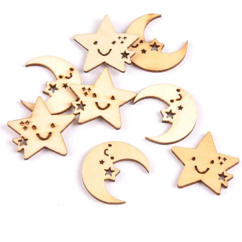 50pcs Natural moon and star pattern legno Scrapbooking Carft per la decorazione domestica decorazione fatta a mano fai da te 24-27mm MT1704