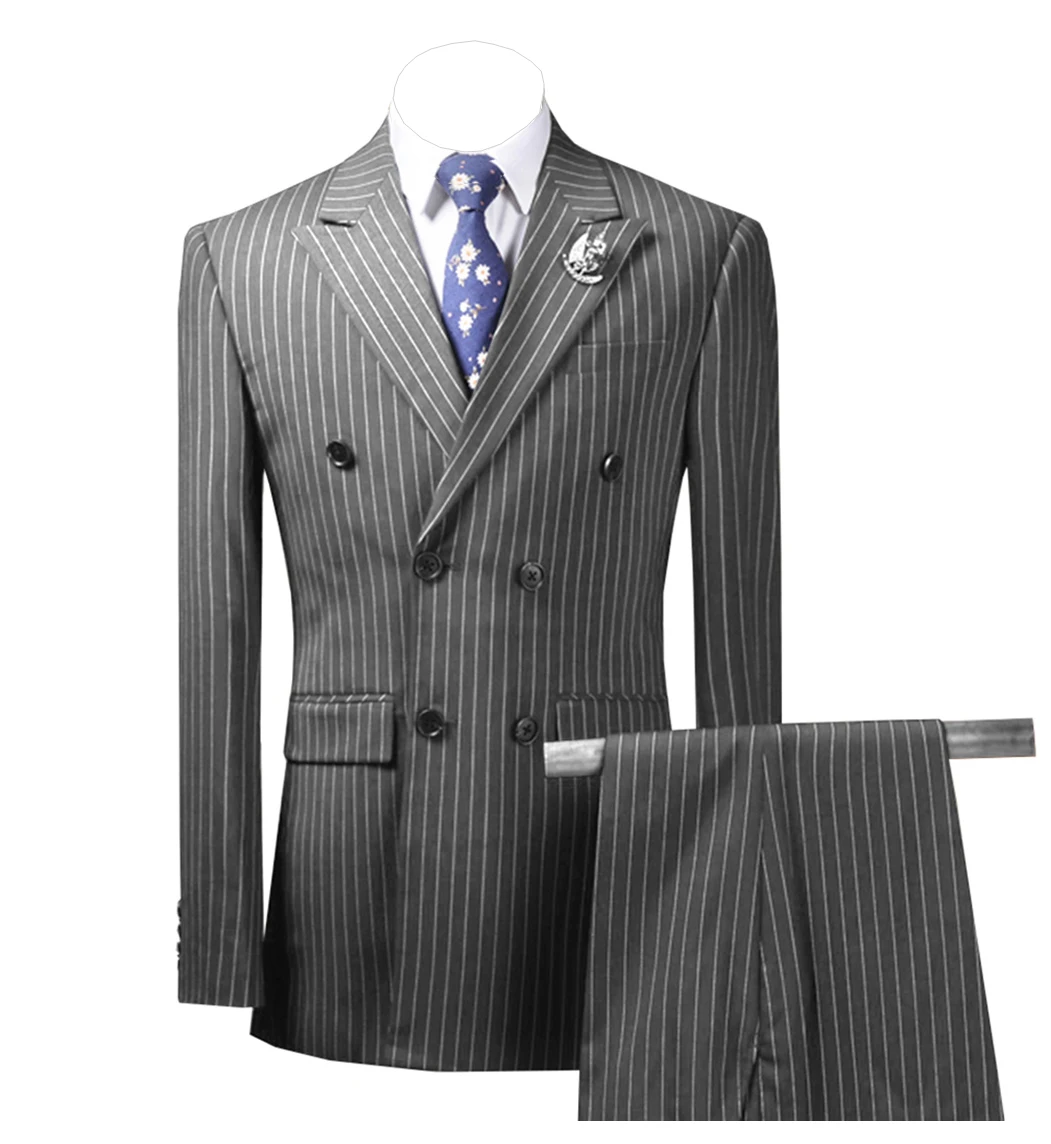 2 Pieces Mens Suits Striped Slim Fit Business Grey Green Suits Groom Tweed Wool Brown Tuxedos for Evening Wedding (Blazer+Pants)