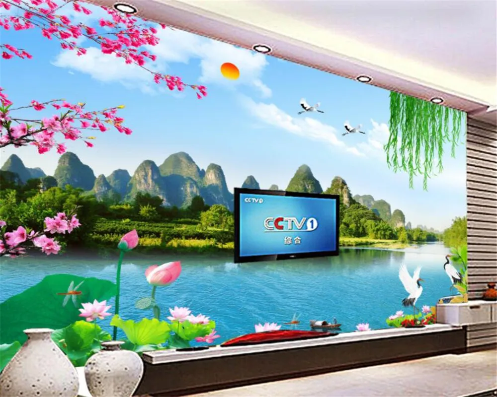 

wallpaper Nature landscape Beautiful mountain Lotus Egret tv wall background wallpaper for living room carta da parati beibehang