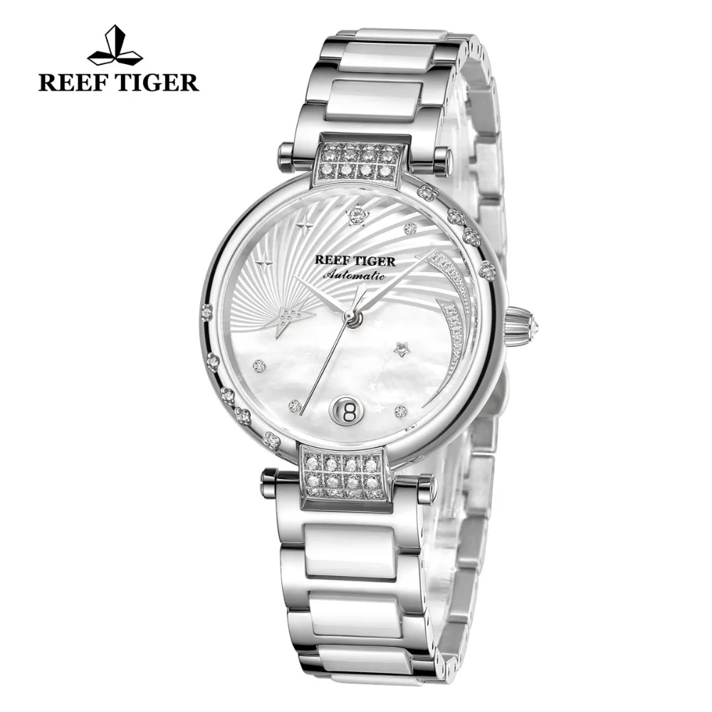 Reef Tiger Fashion and Elegant Steel Watch For Ladies Diamonds White Dial Stainless Steel Strap Automatic Wrist Watches RGA1592