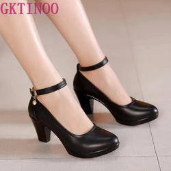 GKTINOO Scarpe in vera pelle Donna Décolleté con punta tonda Sapato feminino Tacchi alti Moda superficiale Scarpe da lavoro nere Plus Size 33-43