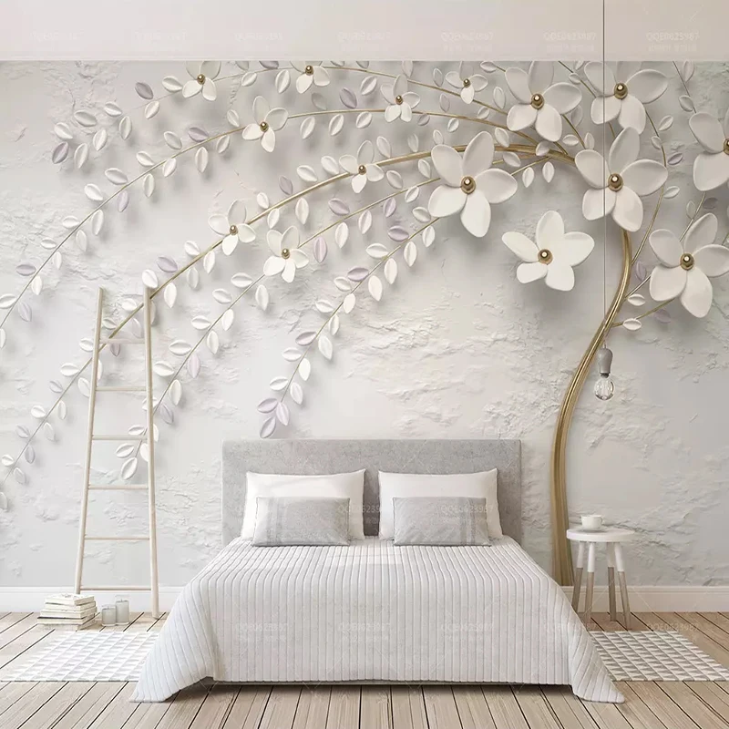 

Custom Mural Wall Covering White Embossed Flower Branches Wall Paper For Walls Living Room TV Wall Home Decor Papel De Parede 3D