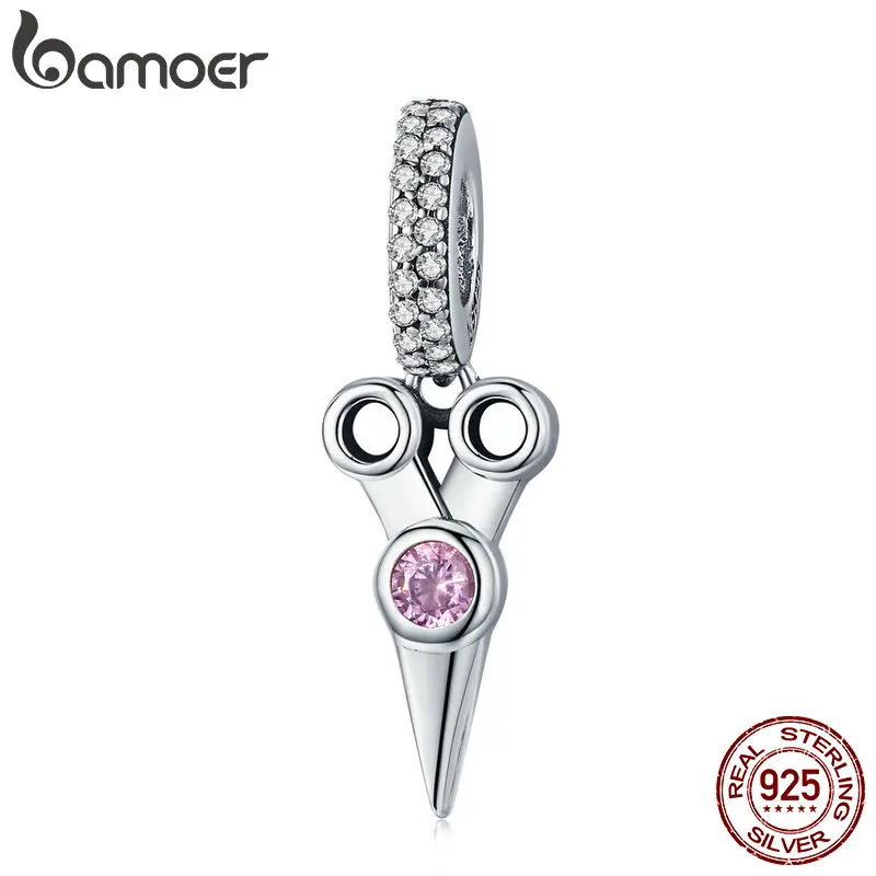 BAMOER Genuine 925 Sterling Silver Tools Scissor Pink CZ Pendant Charm fit Bracelet & Necklaces Sterling Silver Jewelry SCC656