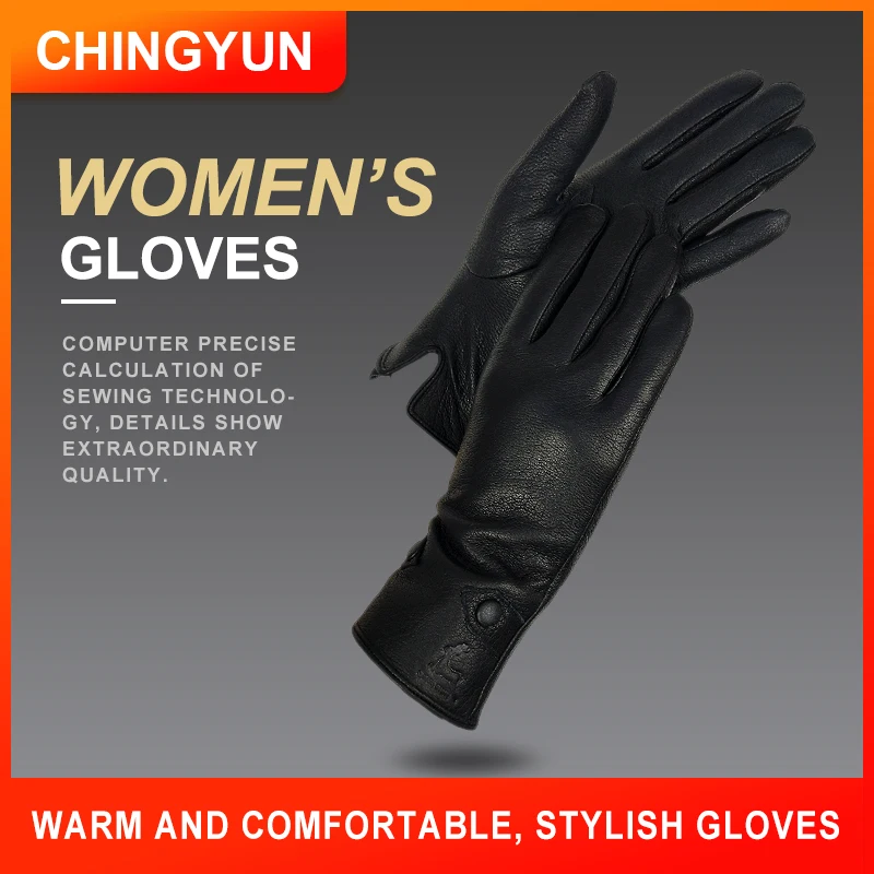 CHINGYUN 2019 New Women\'s Gloves Genuine Leather BuckskinWinter Woman Flannel lining Female Black about Button fashion Mittens