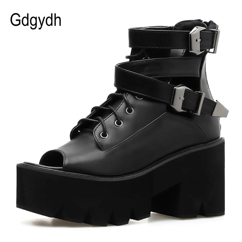 Gdgydh Open Toe Summer Boots Shoes Women Platform Shoes Ankle Buckle Strap Black Leather Female Footwear Chunky Heels Gothic