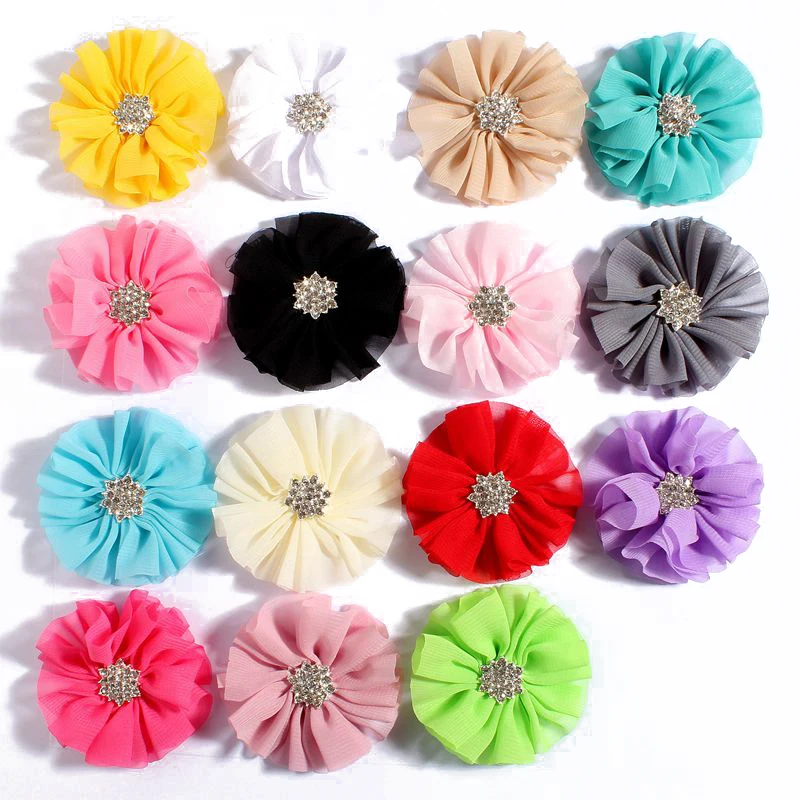 

120pcs/lot 6.5cm 15colors Hair Clips Fluffy Chiffon Flowers+Snow Rhinestone Buttons Ruffled Fabric Flowers For Headband DIY