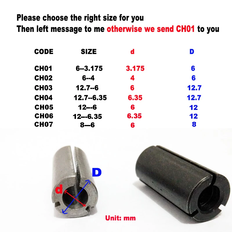 2pcs High Precision Adapter collet shank CNC router tool Adapters holder 6mm change to 4mm/ 6-3.175/ 12.7-6/ 12.7-6.35 mm 7 size