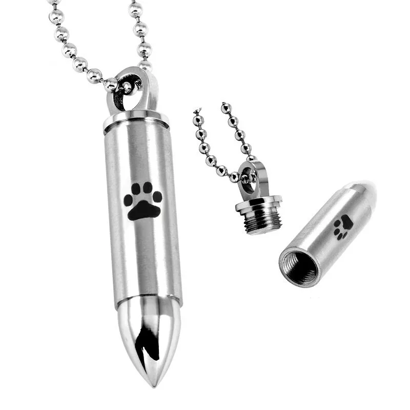 JJ8378 New Arrive 316L Stainless Steel Paw Print&Bullet Memorial Urn Pendant Pet Dog/Cat Ashes Keepsake Cremation Necklace