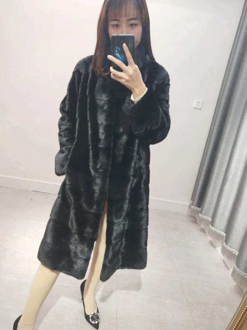 

Women natural mink fur coat female long section mink fur overcoat winter stand collar outerwear slim