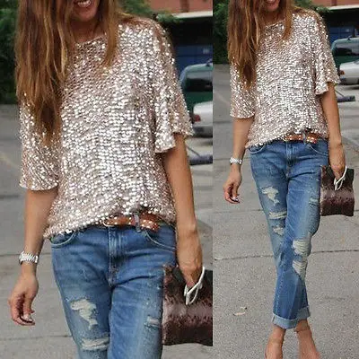 Women Lady Shiny Sequin Top Tank 3/4 Sleeve Bling Vest T-Shirt Tops Tee