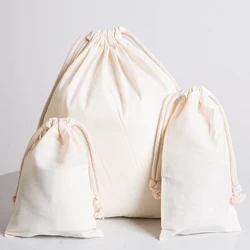 Cotton Environmental Reusable Women Men Travel Shopper Tote Storage Bags Drawstring Shopping Bag Large Solid White Canvas