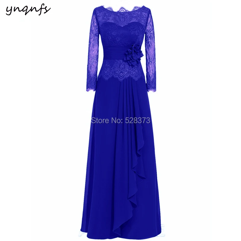 YNQNFS MD182 Elegant Long Mother of the Bride/Groom Dresses Outfits Lace Long Sleeve Blue/Purple/Grape 2019