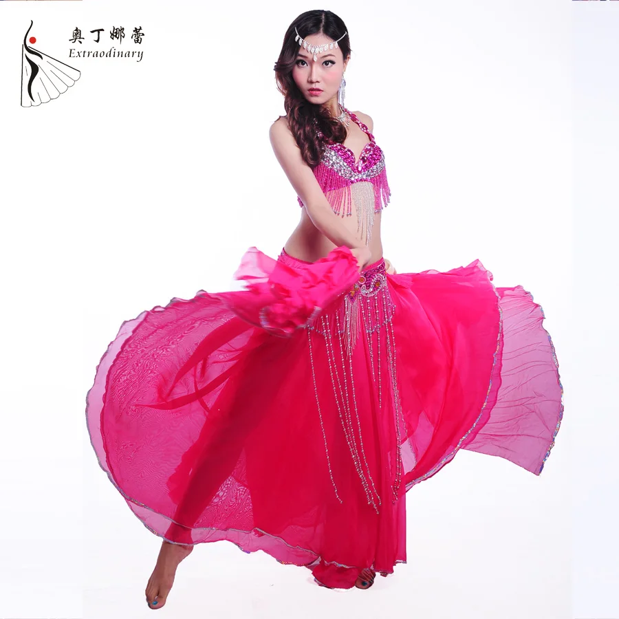 Belly dance costumes set beading bra tassel waistband long skirt slit up to thigh