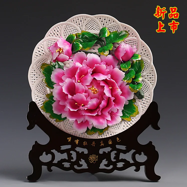 Luoyang peony disk Home Furnishing living room decorative hanging plate decoration craft of Dehua ceramic carving handicraft art