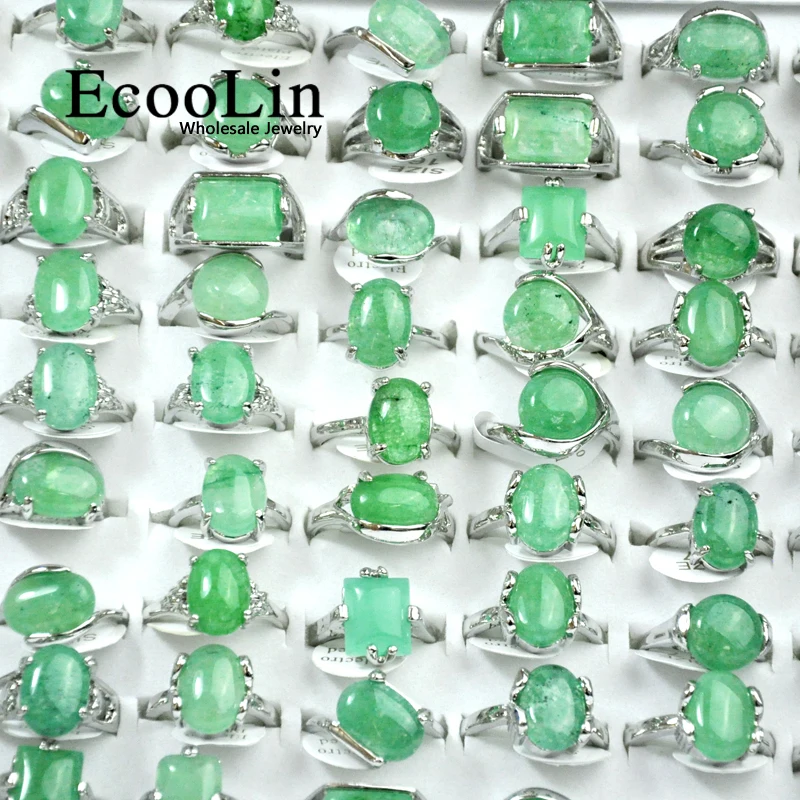 50Pcs Green Natural Stone Silver Color Woman Rings For Women's Fashion Jewelry Bulks Lots Hot Sale LR4007