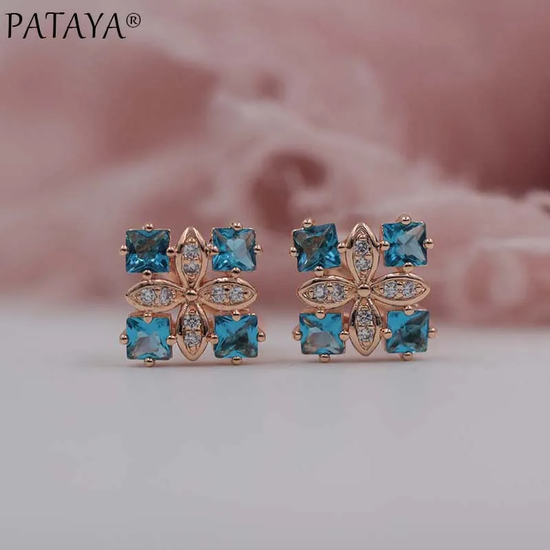 PATAYA Women Four Square Luxury Earrings 585 Rose Gold Color Natural Zircon Earrings Wedding Jewelry Bridal Party AAA Earrings