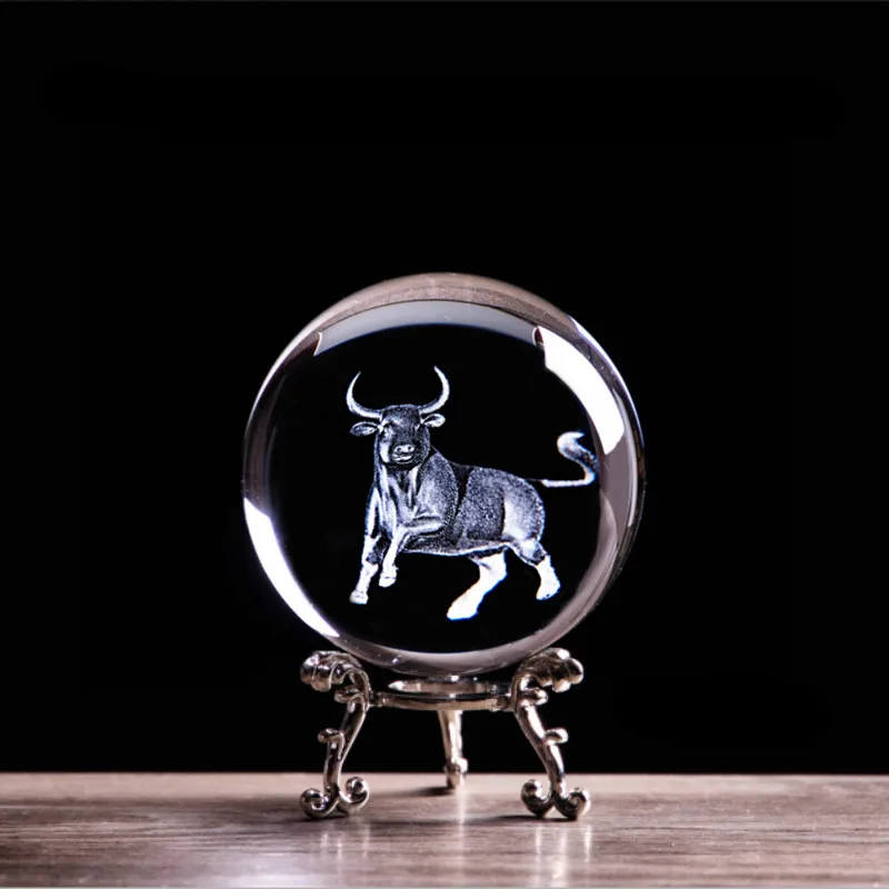 Animal Zodiac Cow Figurines Crystal Ball Charging Stock Market Bull Feng Shui Glass Marbles Sphere Globe Home Art Decoration