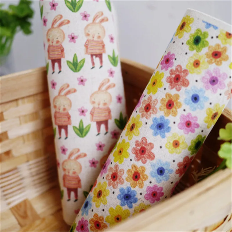 

High quality 2pcs 20*30cm Rabbits and flowers Hand Dyed Cotton Linen Fabric Diy Sewing Craft Patchwork Cloth Fabric for cloth