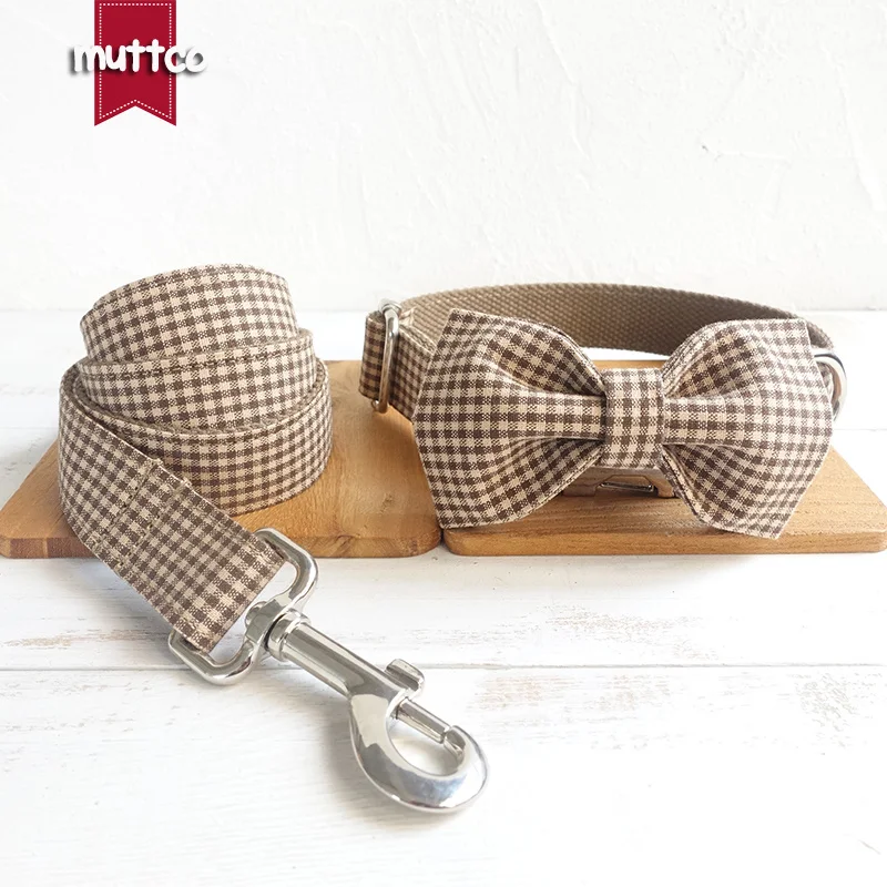 

MUTTCO durable dog collar THE COFFEE PLAID personalized pet supplies handmade puppy collar leash set with bow tie UDC072