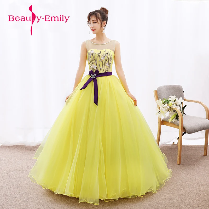 

Bright yellow tulle Appliques O-neck Long Evening Dresses The Bride Sleeveless ribbon belt Beading Party Formal Dress Customized