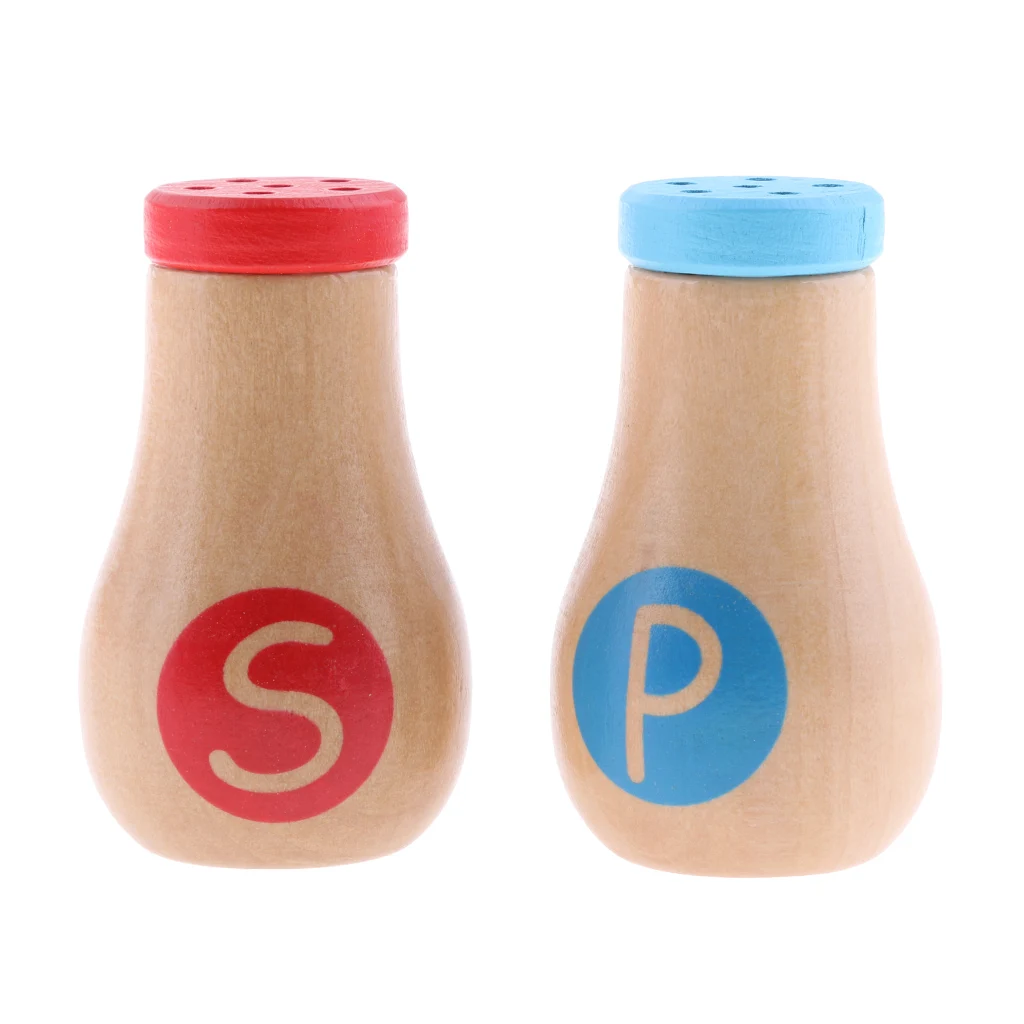 2pcs Pretend Role Play Salt & Pepper Powder Jars Wooden Kids Children Toy