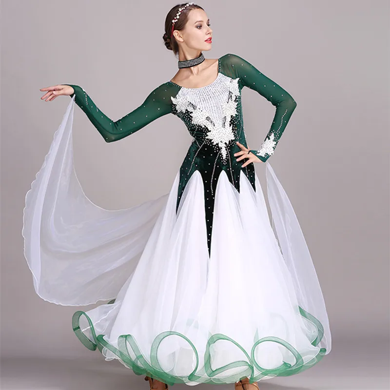 Velvet Stitching Applique Ballroom Dance Competition Dress Standard Dresses Modern Dance Costume Waltz Dress Luminous Costumes