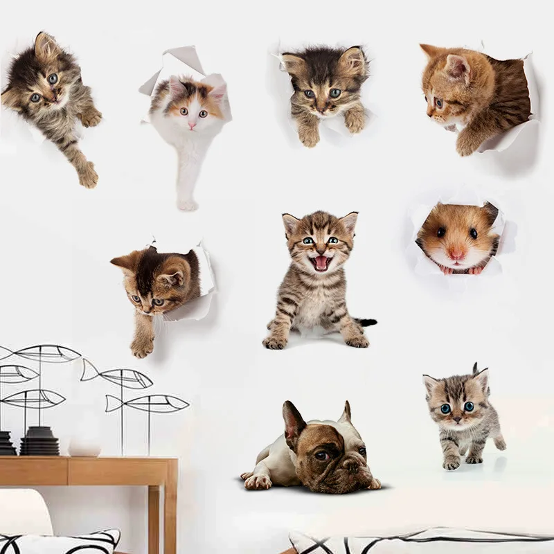 3D Cats Dogs Hamster Wall Sticker Bathroom For Home Decor Kids Room Cute Animal Vinyl Decal Art Poster Hole View Toilet Stickers