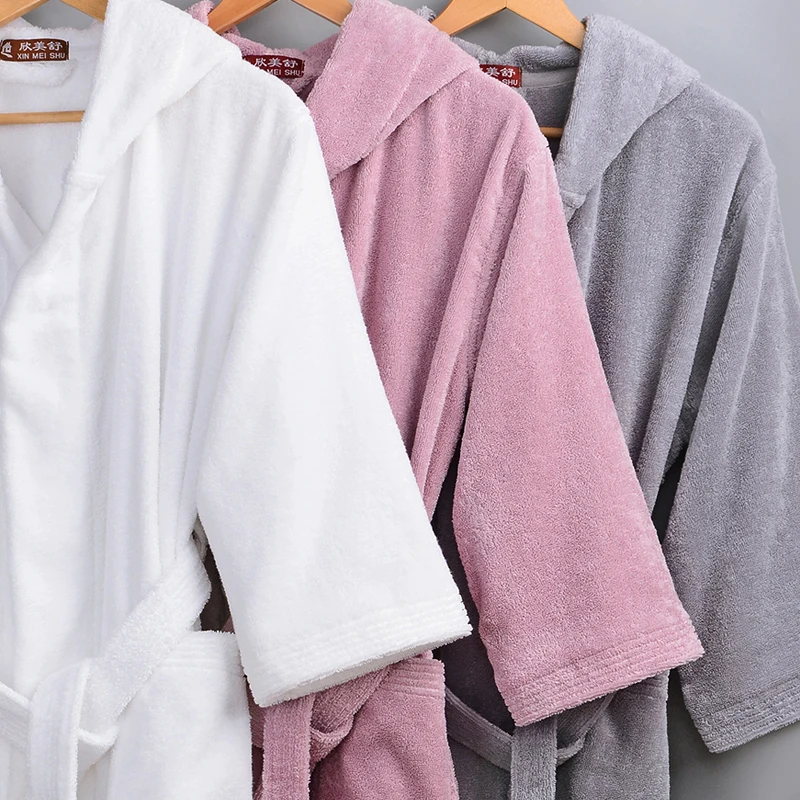 Hooded Bathrobe for Men, Thick Cotton Towel, Fleece Dressing Gown, Long Robe, Male Bathrobe, Winter