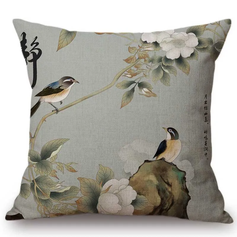 Traditional Chinese Decoration Style Sofa Throw Pillow Case Poem Letter Calligraphy Floral Bird Partten Linen Car Cushion Cover