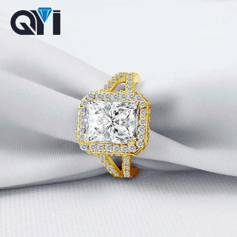 QYI 14K Solid Yellow Gold Vintage Style Split Band Rings Rectangle Cut Moissanite Diamond Rings For Women