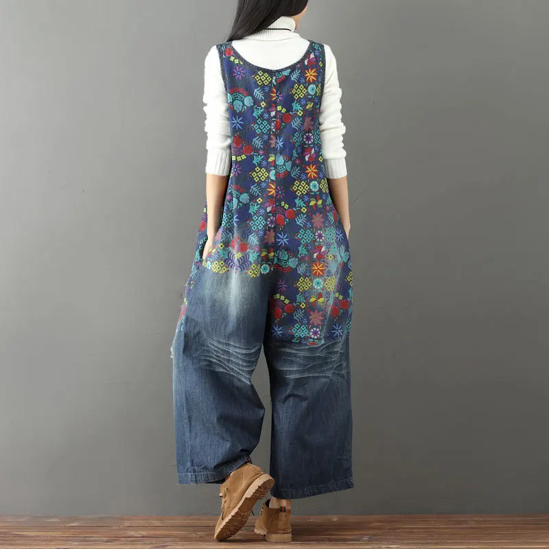 Monos vaqueros rasgados para mujer, peto de pierna ancha con pechera rayada de gran tamaño, mamelucos holgados, estampado Floral japonés Harajuku
