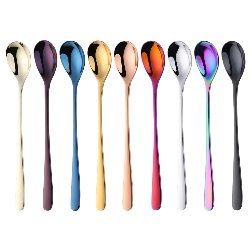 8 Colors Stainless Steel  Ice Spoon Long handle Rose Gold Coffee Spoon Set 7 Colors Long Ice Scoop Black Mixing Colour Spoon