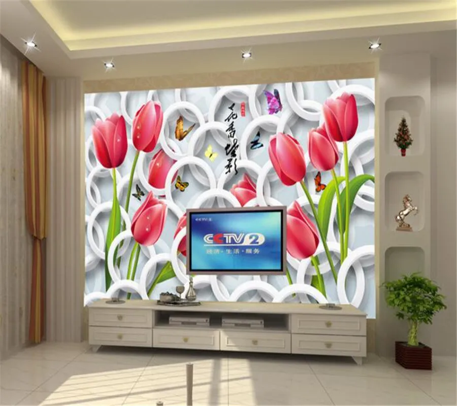 Beibehang tapete für wohnzimmer Floral Tulpe Schmetterling 3D stereoskopischen Kreis Hintergrund Wand Dekorative 3d tapete wandbild