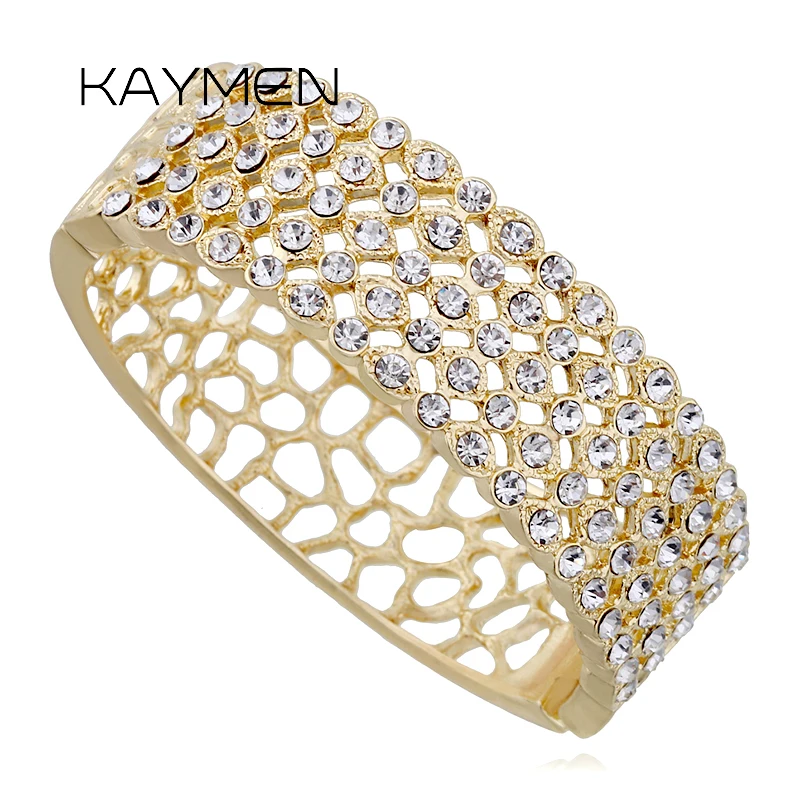 

New Hollow-out Full Rhinestones Metal Cuff Bracelet Statement Bangle Chunky Jewelry Accessory Gold or Silver Plating for Women