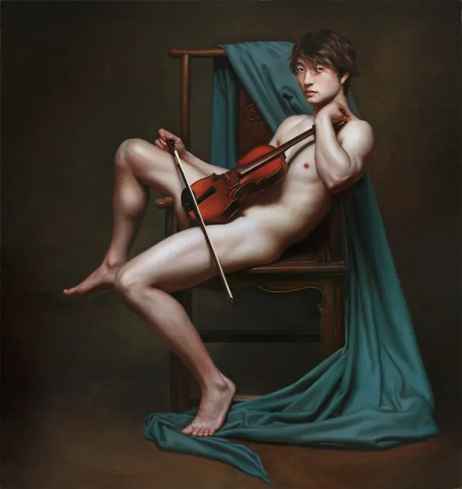 

GOOD quality-TOP ART # original Romantic TOP NUDE ART oil painting --the Violin NUDE MALE MAN body gay ART --24 "