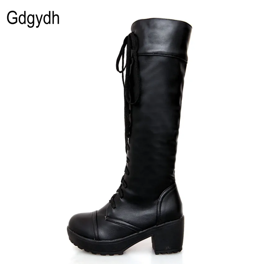 Gdgydh Large Size 43 Lace Up Knee High Boots Women Autumn Soft Leather Fashion White Square Heel Woman Shoes Winter Hot Sale